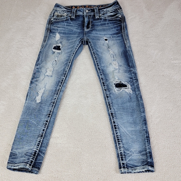 Rock Revival Peacoat Mid Rise Distressed Ankle Skinny Denim Blue Jeans Sz 26 - Picture 3 of 16